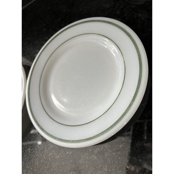 Pyrex Double Tough 6.75" Bread Dessert Plates Double Green Stripe (2) Vtg READ - Picture 5 of 8